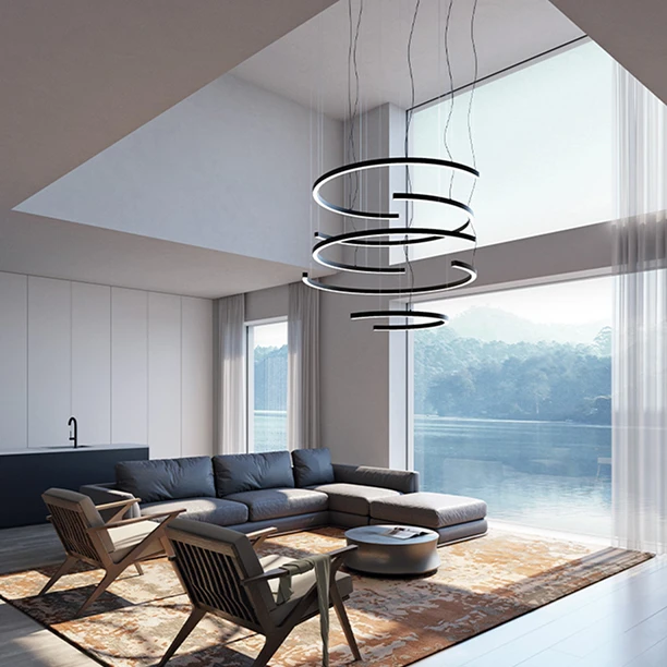 Modern nappali építészeti világítás kör alakú design függőlámpákkal